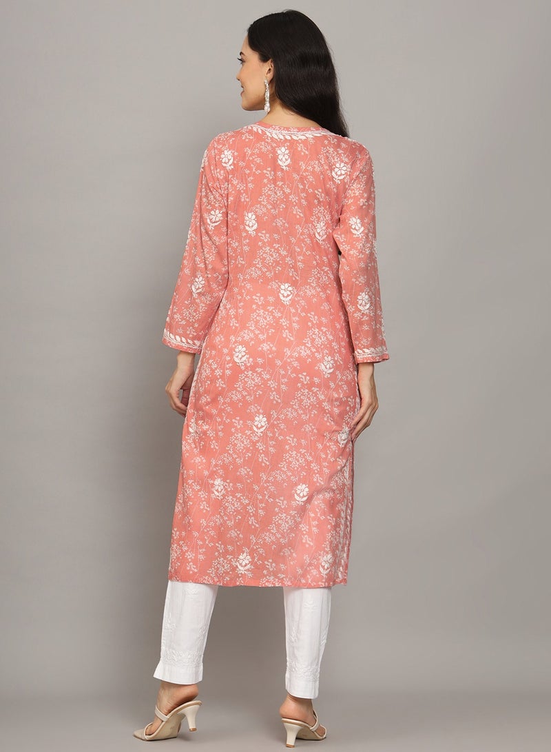 Women Hand Embroidered Chikankari Mulmul Cotton Printed Kurta-AL4041