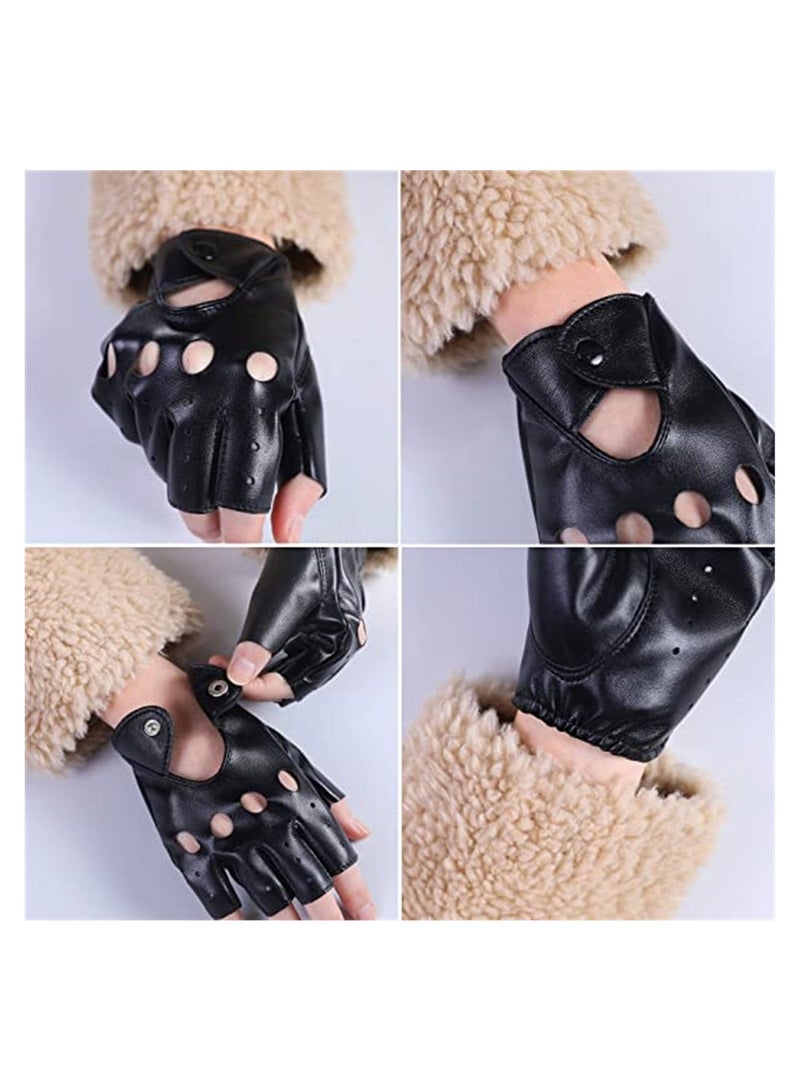 Ladies Gloves Women PU Leather Gloves Rivets Belt Up or Snap Half Finger Performance Mittens