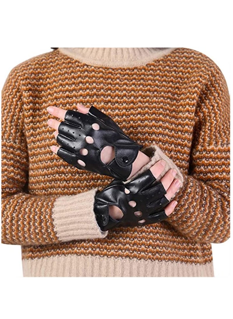 Ladies Gloves Women PU Leather Gloves Rivets Belt Up or Snap Half Finger Performance Mittens