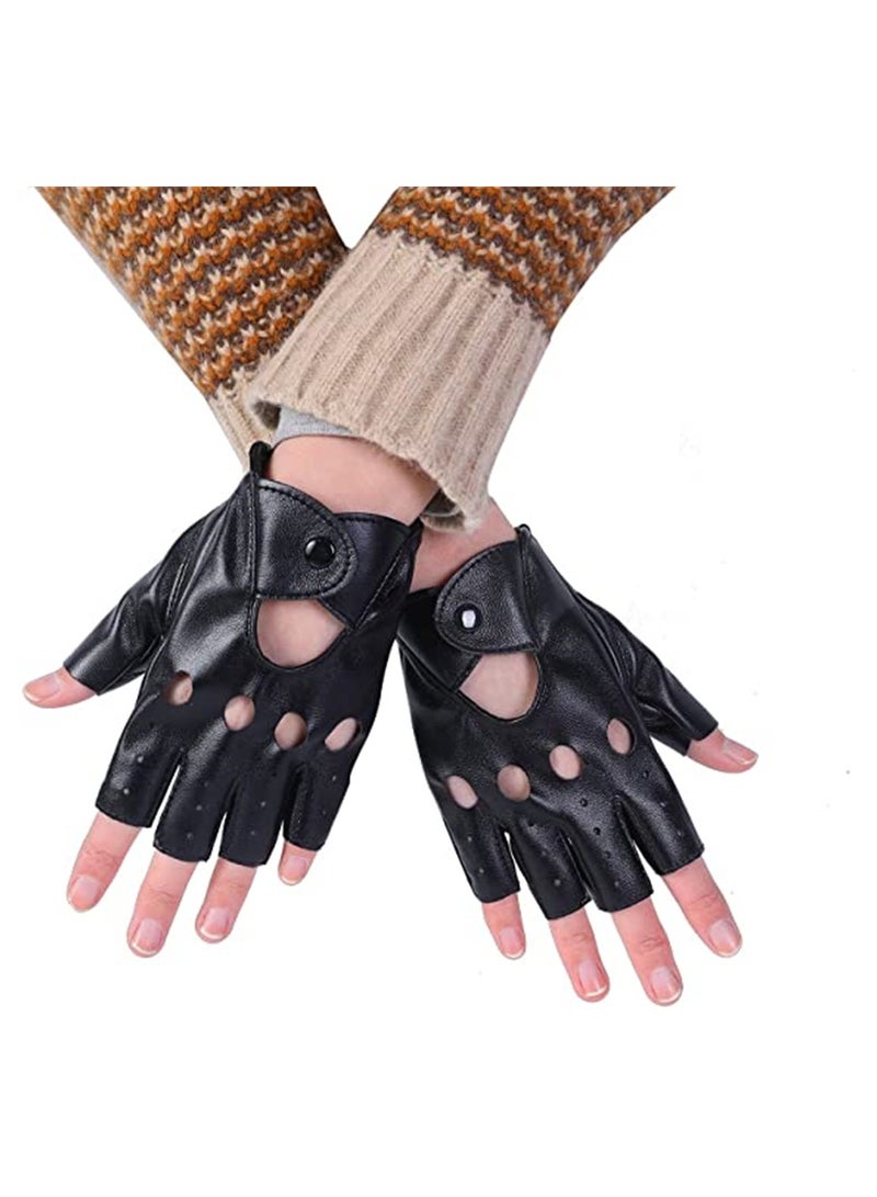 Ladies Gloves Women PU Leather Gloves Rivets Belt Up or Snap Half Finger Performance Mittens