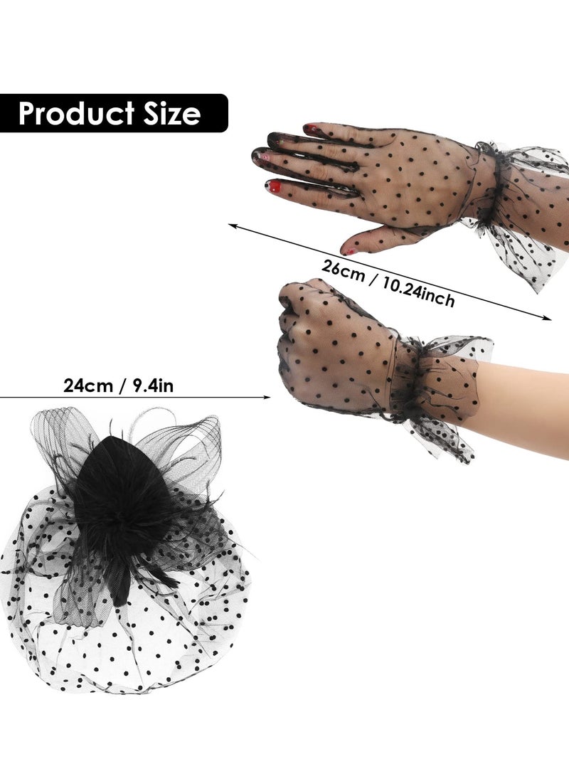 Vintage Fascinator Hat Faux Feather Mesh Net Hat Tea Party Headwear with Veil and Women Short Lace Gloves Costume Accessories for Girls and Women Wedding