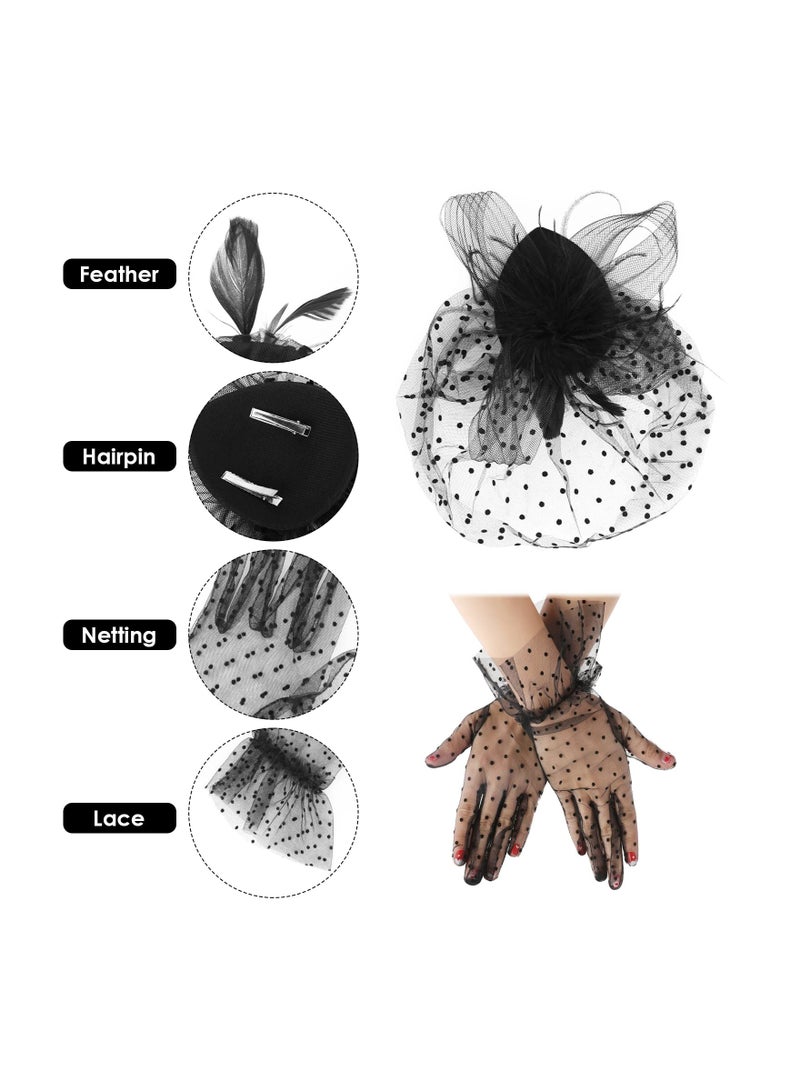 Vintage Fascinator Hat Faux Feather Mesh Net Hat Tea Party Headwear with Veil and Women Short Lace Gloves Costume Accessories for Girls and Women Wedding