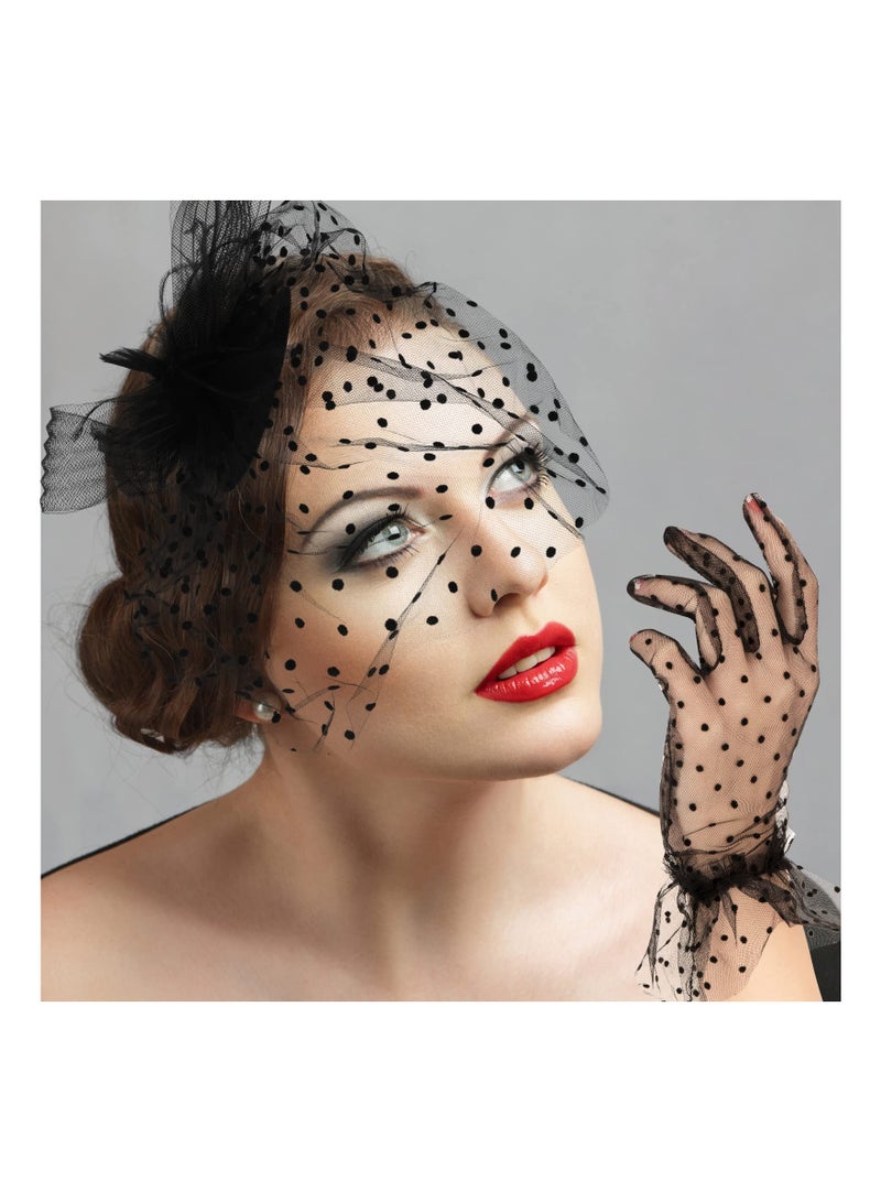 Vintage Fascinator Hat Faux Feather Mesh Net Hat Tea Party Headwear with Veil and Women Short Lace Gloves Costume Accessories for Girls and Women Wedding