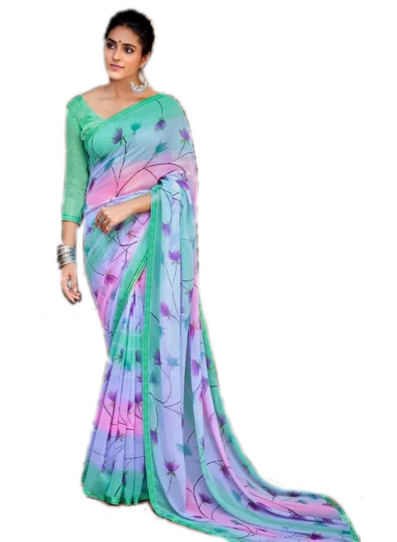 Beautiful Georgette Green Blue And Pink Thick Stripes Saree With Floral Print Plus Unstitched Blouse