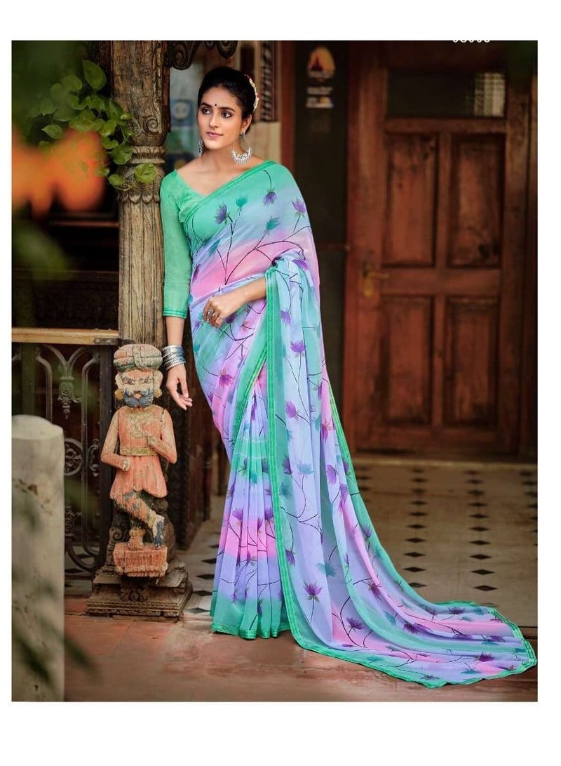 Beautiful Georgette Green Blue And Pink Thick Stripes Saree With Floral Print Plus Unstitched Blouse