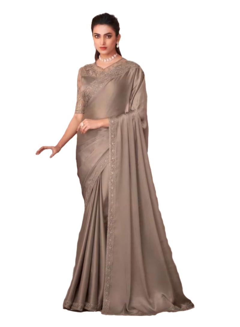 Pure Satin Golden Silk Saree With Embroidered Work And Border Plus Designer Net Fancy Unstitched Blouse