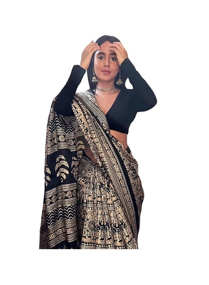 Women's Silk Cotton Kalamkari Print Saree With Blouse Piece