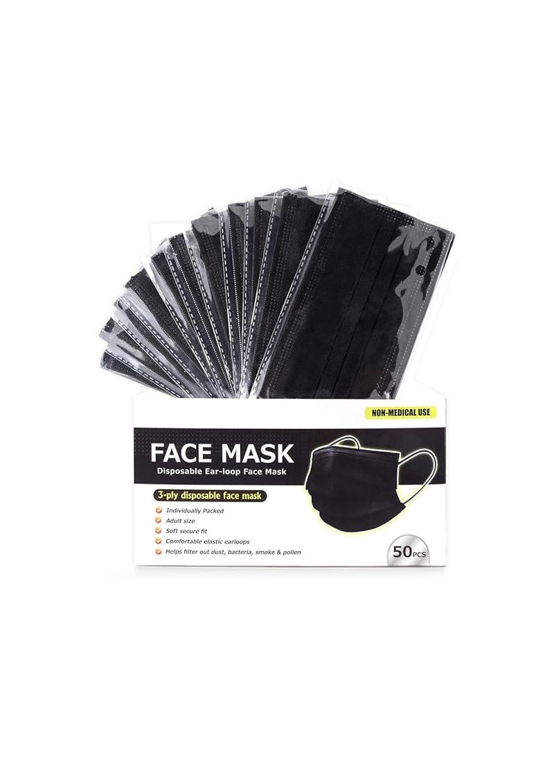 50 PCS Black Disposable Face Mask 3 Layer Anti-Dust Earloops Protective Cover Mask