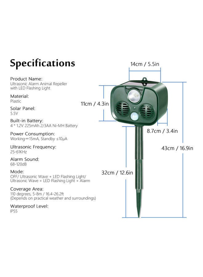 Solar Powered Ultrasonic Alarm Animal Repeller Dark Green