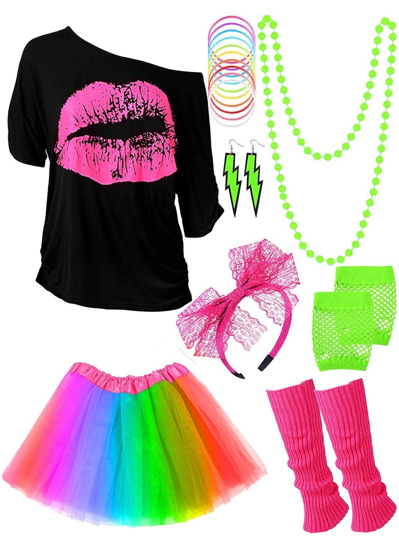 80s Retro Costume Accessories Set - T-Shirt, Tutu, Headband, Earrings, Necklace & Leg Warmers, Plus Size XL for Parties & Events