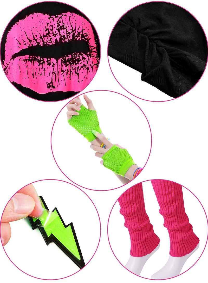 80s Retro Costume Accessories Set - T-Shirt, Tutu, Headband, Earrings, Necklace & Leg Warmers, Plus Size XL for Parties & Events