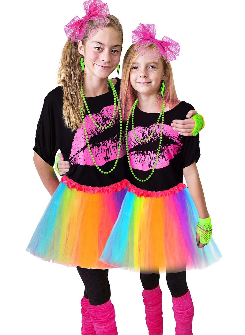 80s Retro Costume Accessories Set - T-Shirt, Tutu, Headband, Earrings, Necklace & Leg Warmers, Plus Size XL for Parties & Events