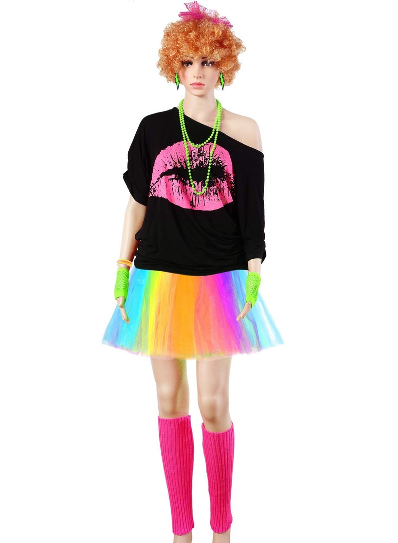 80s Retro Costume Accessories Set - T-Shirt, Tutu, Headband, Earrings, Necklace & Leg Warmers, Plus Size XL for Parties & Events