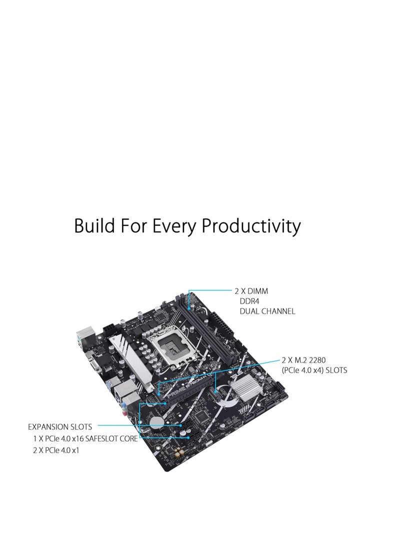 Prime B760M-K, Intel B760 LGA 1700 mATX motherboard with PCIe 4.0, two PCIe 4.0 M.2 slots, DDR5, Realtek 2.5Gb Ethernet, VGA, HDMI, SATA 6 Gbps, Front USB 3.2 Gen 1, Aura Sync - Black