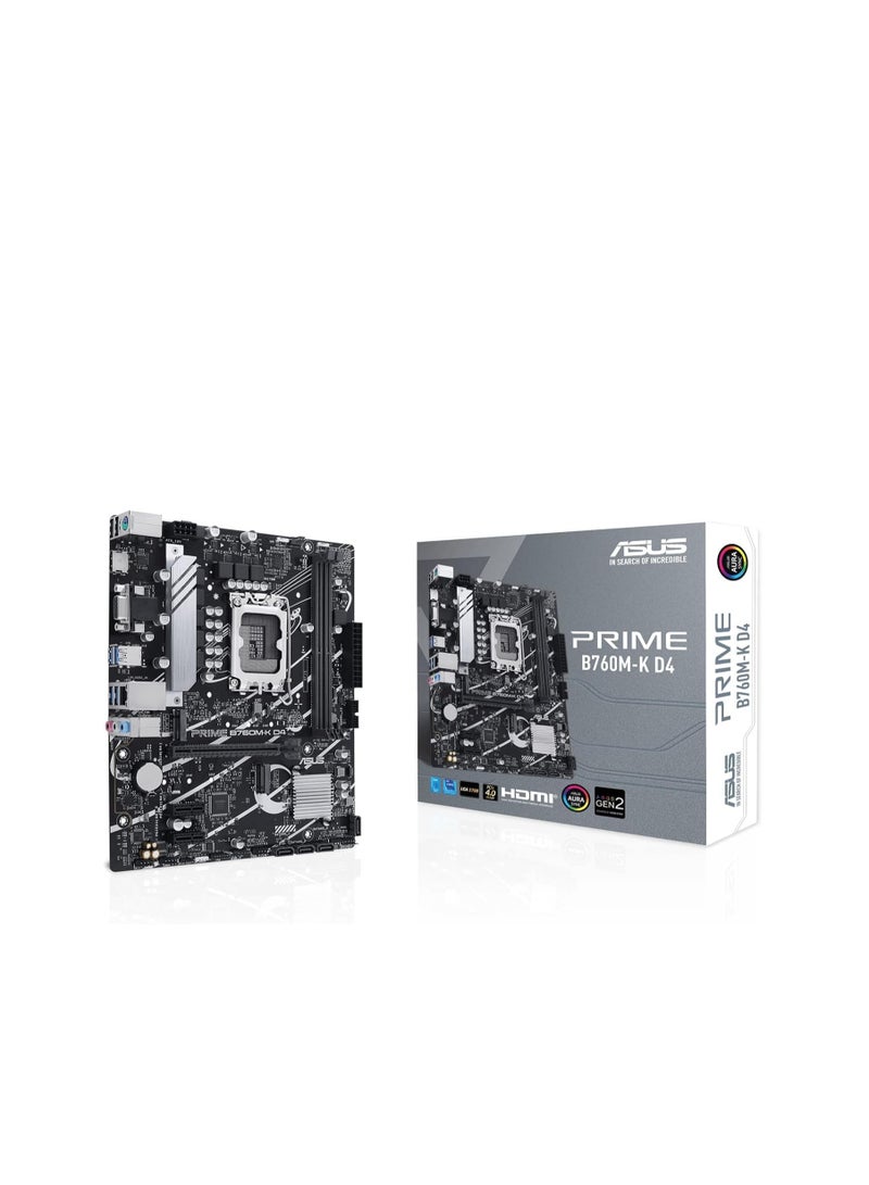 Prime B760M-K, Intel B760 LGA 1700 mATX motherboard with PCIe 4.0, two PCIe 4.0 M.2 slots, DDR5, Realtek 2.5Gb Ethernet, VGA, HDMI, SATA 6 Gbps, Front USB 3.2 Gen 1, Aura Sync - Black