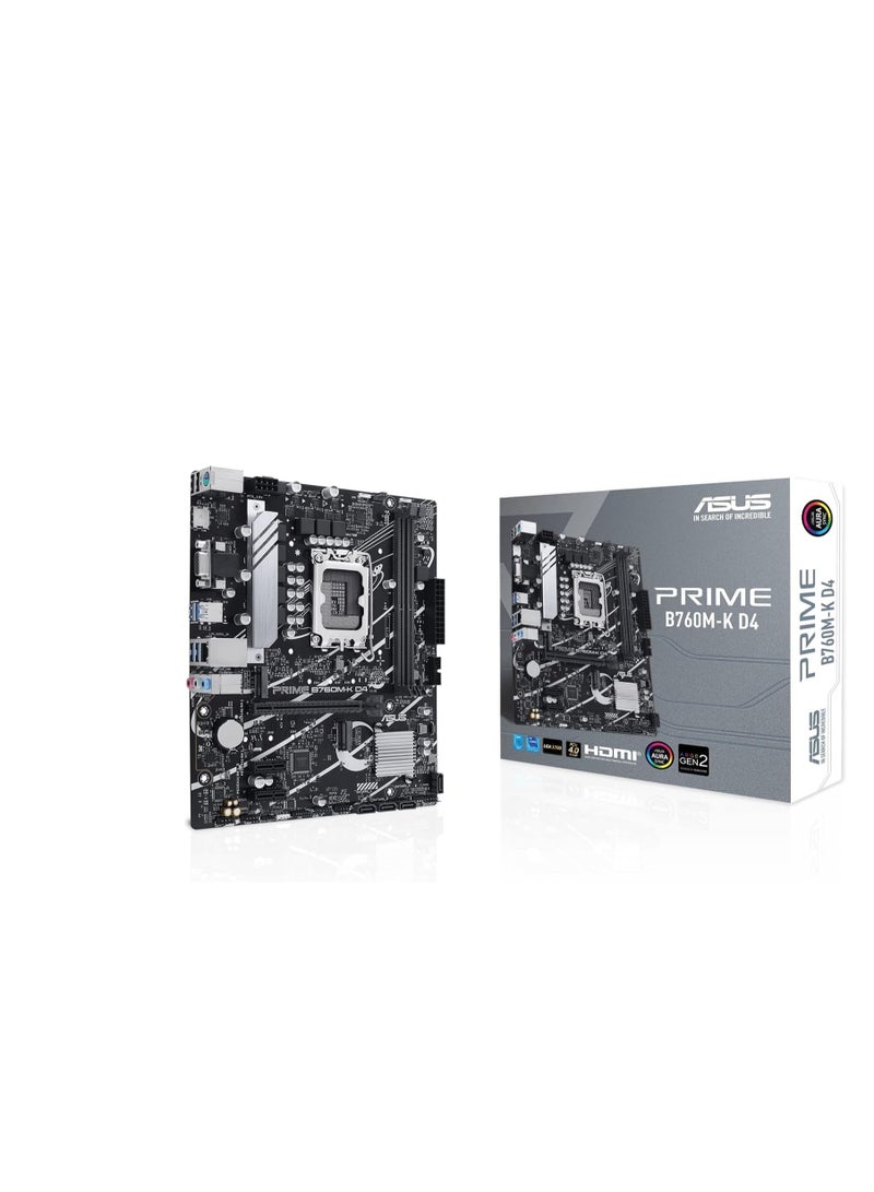 Prime B760M-K, Intel B760 LGA 1700 mATX motherboard with PCIe 4.0, two PCIe 4.0 M.2 slots, DDR5, Realtek 2.5Gb Ethernet, VGA, HDMI, SATA 6 Gbps, Front USB 3.2 Gen 1, Aura Sync - Black