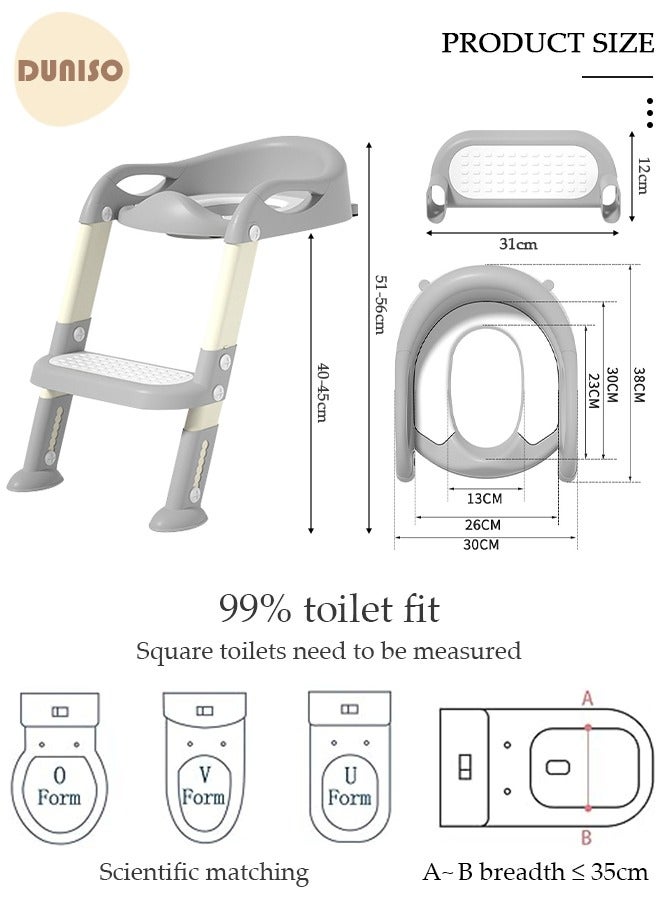 Kids' Potty Training Toilet Seat , Toddler Toilet Seat With Step Stoo0 Ladder, Foldable Toddler Potty Seat For Toilet With Non-Slip Design, Adjustable Height For Baby Kids 2 To 5 Years Boys Girls Grey Pvc Soft