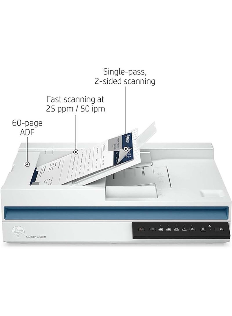 ScanJet Pro 2600 f1, Fast 2-Sided scanning and auto Document Feeder (20G05A) White