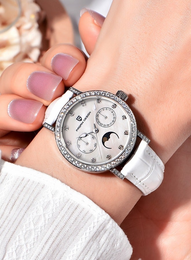 Women's Fashion Quartz Watches Imported VX3HA Movement Sports Waterproof Ladies Watches Sapphire Glass Dial White Leather Strap Elegant And Fashionable PD1789