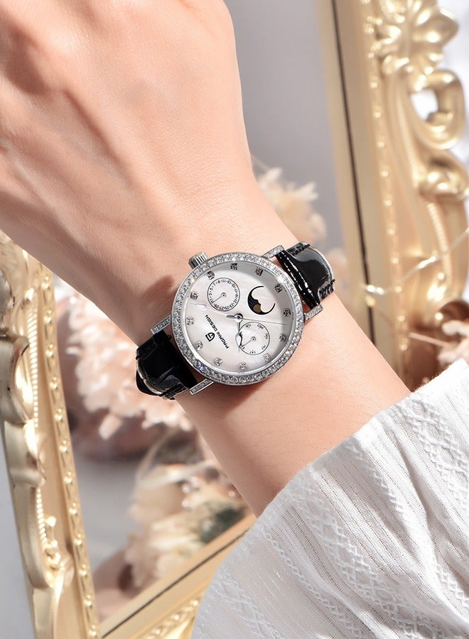 Women's Fashion Quartz Watches Imported VX3HA Movement Sports Waterproof Ladies Watches Sapphire Glass Dial Black Leather Strap Elegant And Fashionable PD1789