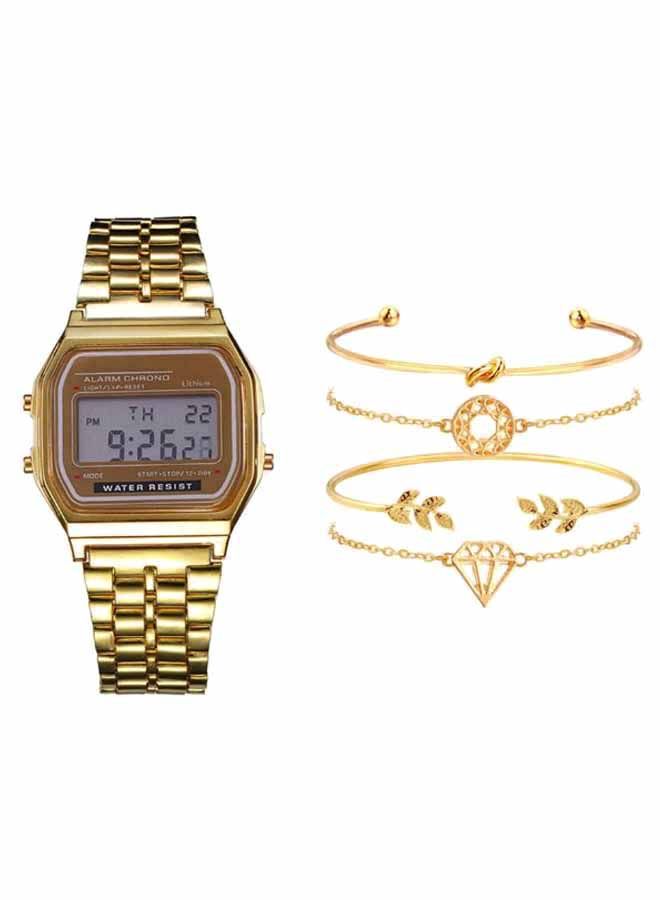 Women's 5-Piece Stainless Steel Digital Watch And Bracelet Set 8349