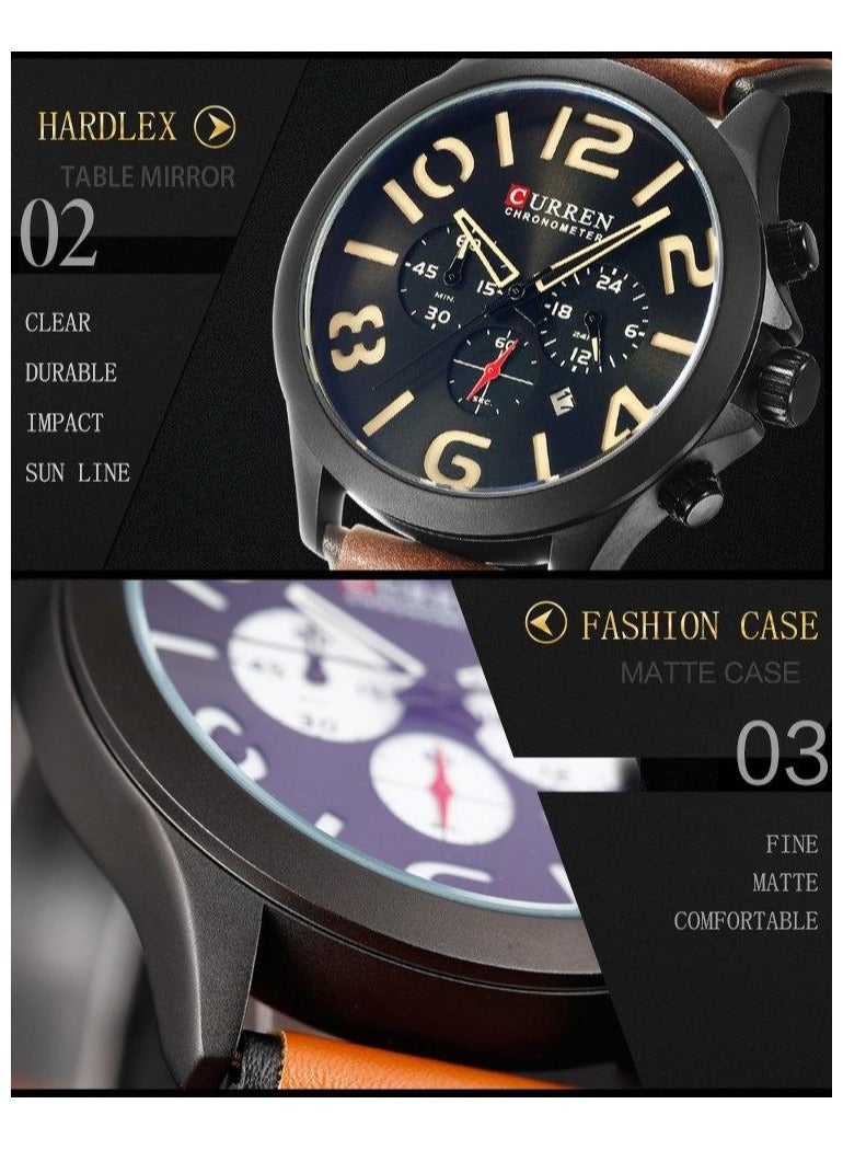 CURREN 8244 New Men's Watch Fashion Chronograph Sports Wristwatch Casual Military Quartz Date Male Clock Leather Strap Watches