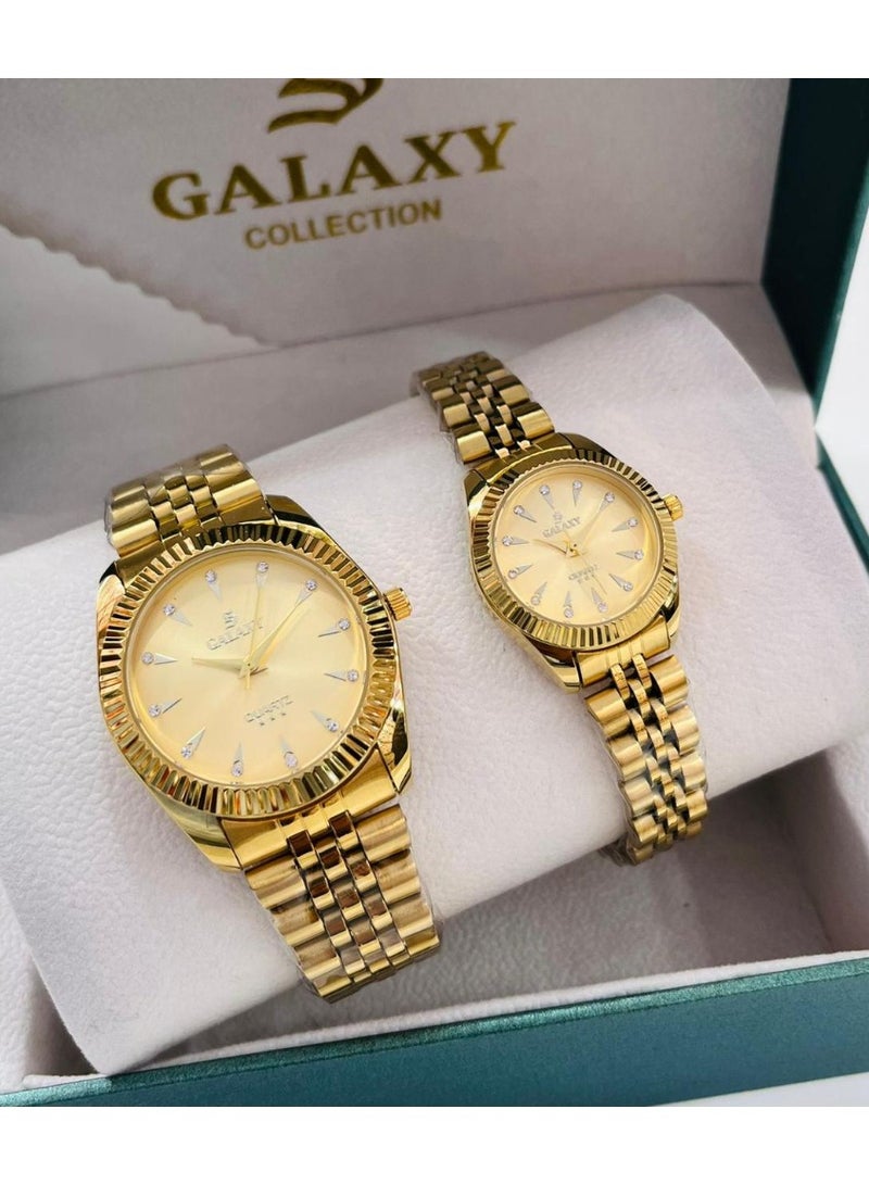 Galaxy Beautiful couple watches Fashion stainless steel chain watches Set of two Gold