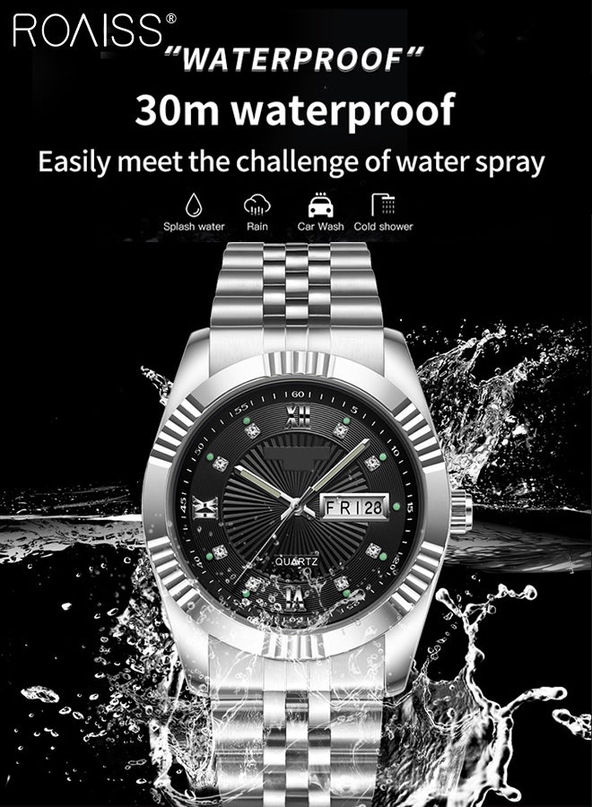 Stainless Steel Strap Couple Quartz Watch Set, Analog Display Round Dial with Rhinestones Decoration, Luxurious Luminous Waterproof Calendar Watch Gift for Men Women