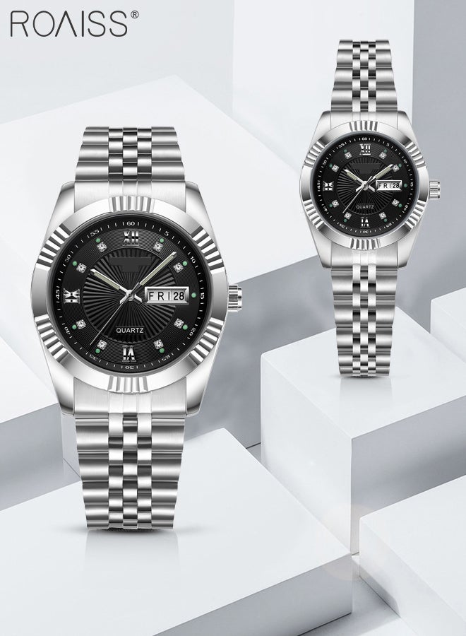 Stainless Steel Strap Couple Quartz Watch Set, Analog Display Round Dial with Rhinestones Decoration, Luxurious Luminous Waterproof Calendar Watch Gift for Men Women