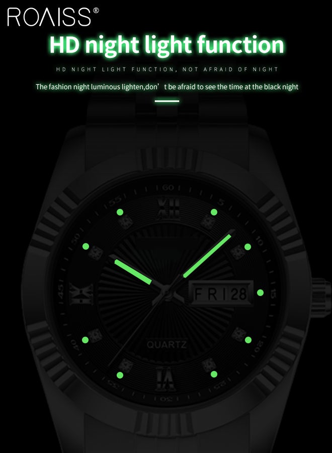 Stainless Steel Strap Couple Quartz Watch Set, Analog Display Round Dial with Rhinestones Decoration, Luxurious Luminous Waterproof Calendar Watch Gift for Men Women