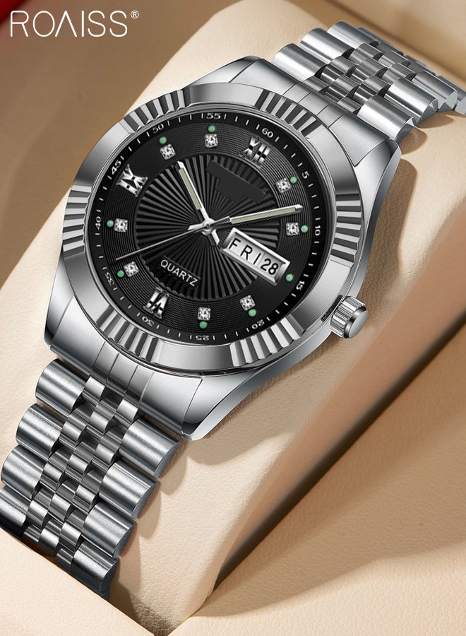 Stainless Steel Strap Couple Quartz Watch Set, Analog Display Round Dial with Rhinestones Decoration, Luxurious Luminous Waterproof Calendar Watch Gift for Men Women