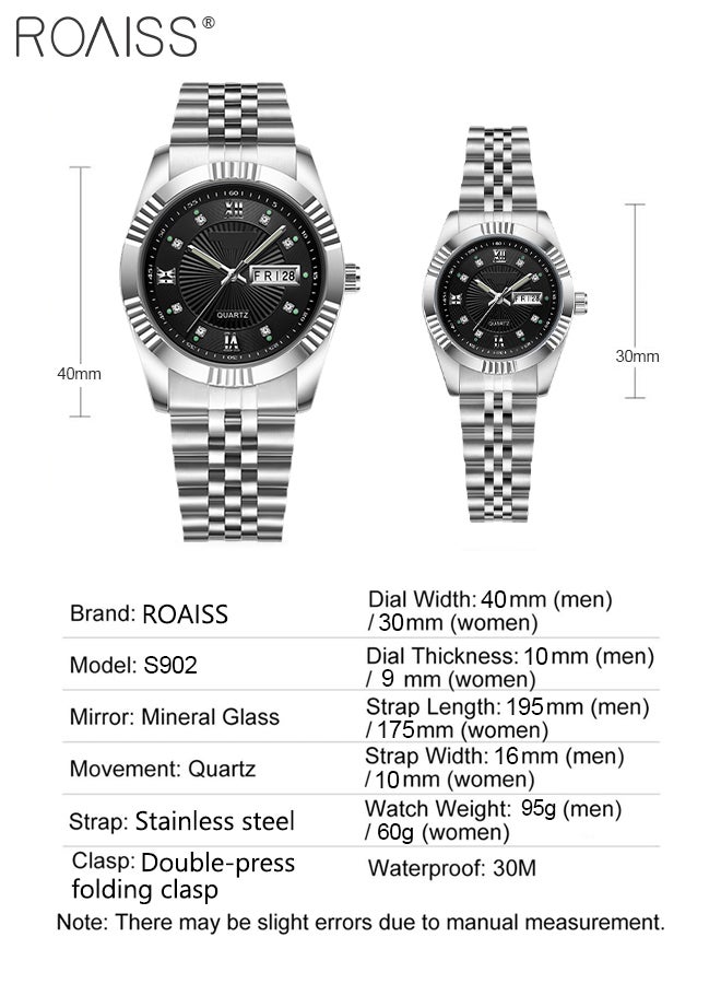 Stainless Steel Strap Couple Quartz Watch Set, Analog Display Round Dial with Rhinestones Decoration, Luxurious Luminous Waterproof Calendar Watch Gift for Men Women