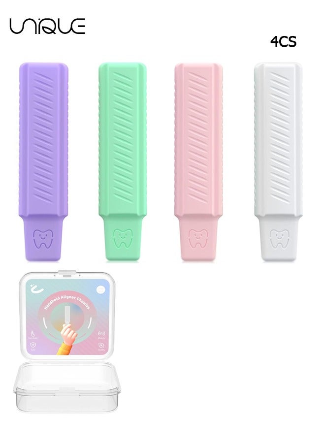 4 Pack Aligner Chewies, Handheld Cute Aligner Chompers, Compatible with Invisalign Braces, Aligners, Retainers（White + Pink + Purple + Green）