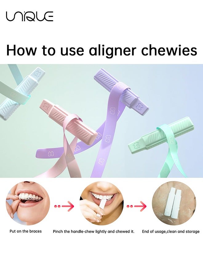 4 Pack Aligner Chewies, Handheld Cute Aligner Chompers, Compatible with Invisalign Braces, Aligners, Retainers（White + Pink + Purple + Green）