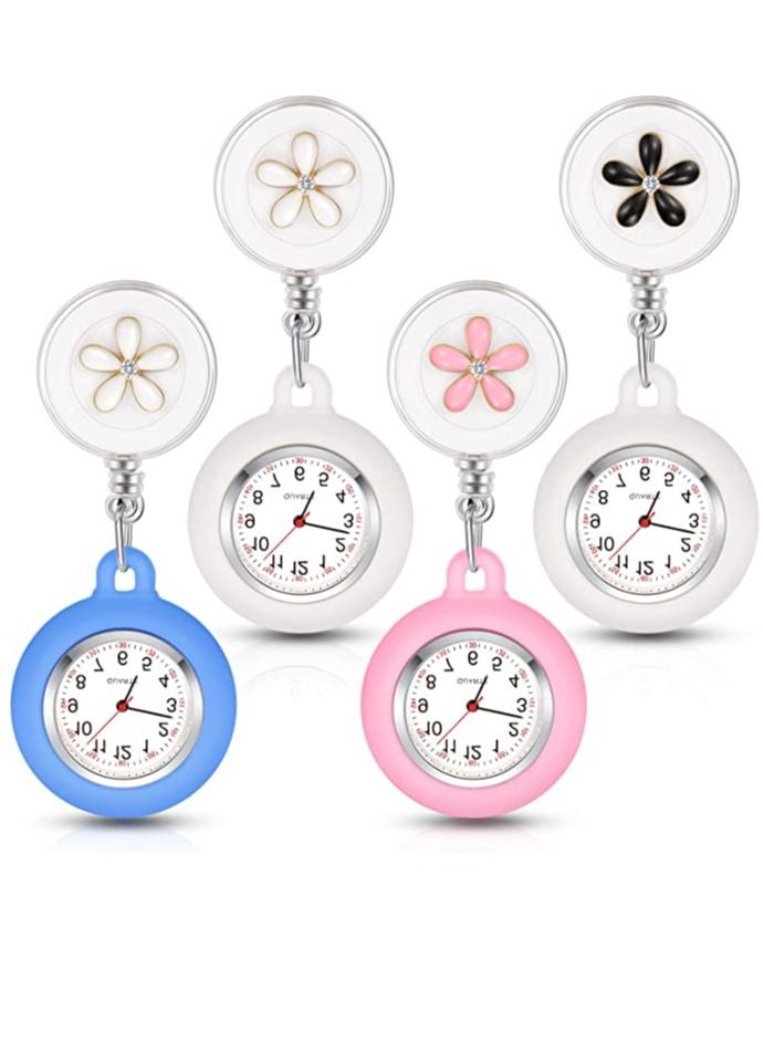 Retractable Nurse Watches Clip-on Hanging Fob Portable Pocket Watch with Flower Pattern Lapel Watches for Nurses Doctors with Silicone Cover