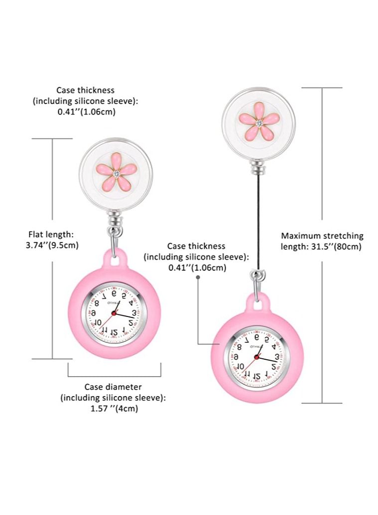 Retractable Nurse Watches Clip-on Hanging Fob Portable Pocket Watch with Flower Pattern Lapel Watches for Nurses Doctors with Silicone Cover