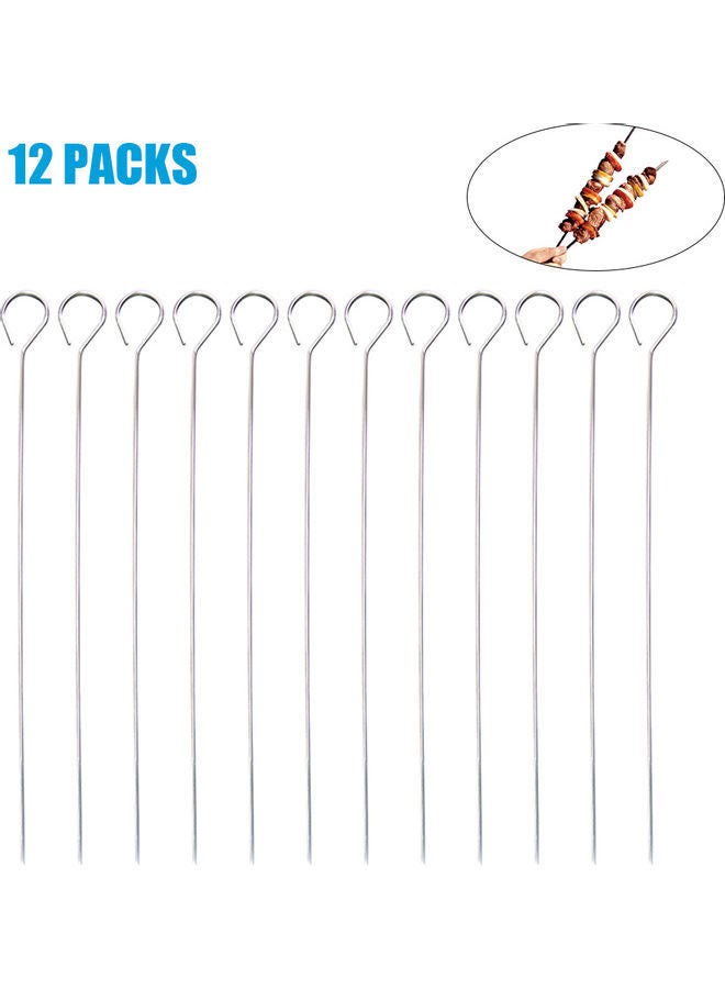 Kabob BBQ Skewers Flat 12 Pcs Metal 13.3 Inches Long Stainless Steel Sticks Wide Reusable Grilling Set Silver 33.8*6*7cm