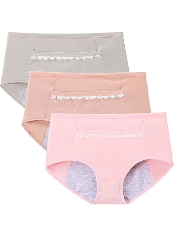 Period Underwear for Ladies, Leak Proof Panties with Pocket, Cotton Menstrual Panties 3PACK, Cameo Brown+Grey+Pink, L