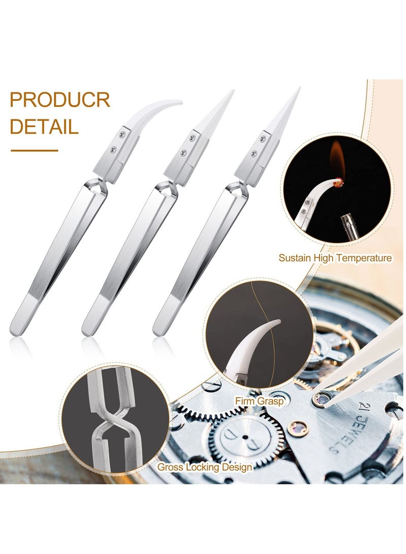 SYOSI 3 Pcs Ceramic Tweezers Stainless Steel Reverse Heat Resistant Non Conductive for Precision Electrical Operation Silver Tone