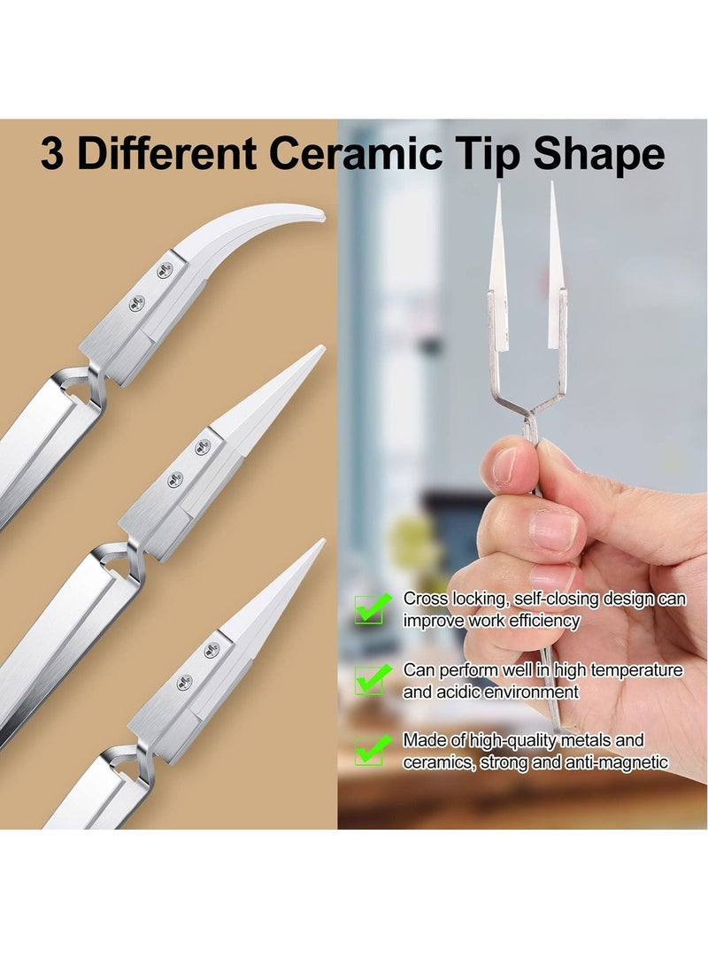 SYOSI 3 Pcs Ceramic Tweezers Stainless Steel Reverse Heat Resistant Non Conductive for Precision Electrical Operation Silver Tone