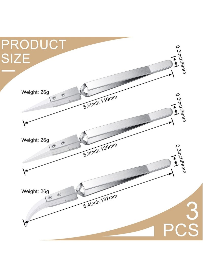 SYOSI 3 Pcs Ceramic Tweezers Stainless Steel Reverse Heat Resistant Non Conductive for Precision Electrical Operation Silver Tone