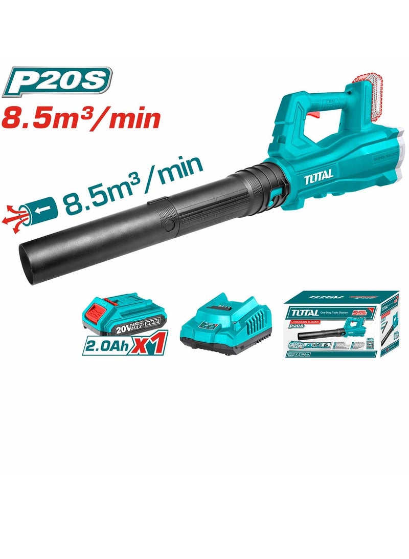 Super Total 20V Lithium-Ion Cordless Leaf Blower - 15000 RPM, 8.5m³/min Air Volume, 115km/h Max Air Speed, Includes 2.0Ah Battery & Charger, Perfect for Home & Outdoor Cleanup TABLI203235