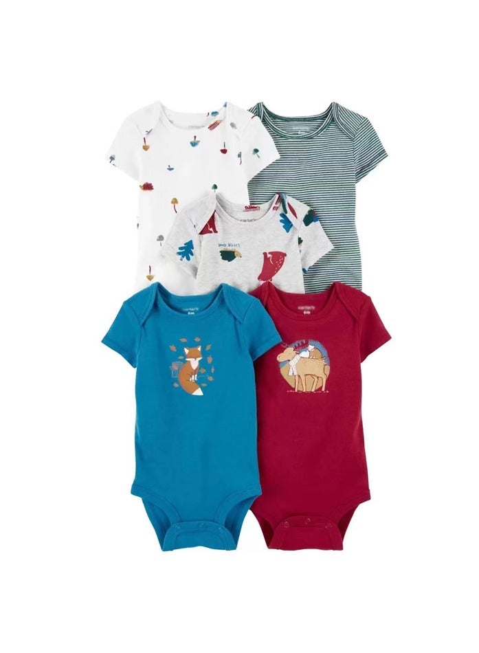 5-piece set of pure cotton jumpsuits for infants and young children, short-sleeved crawling clothes