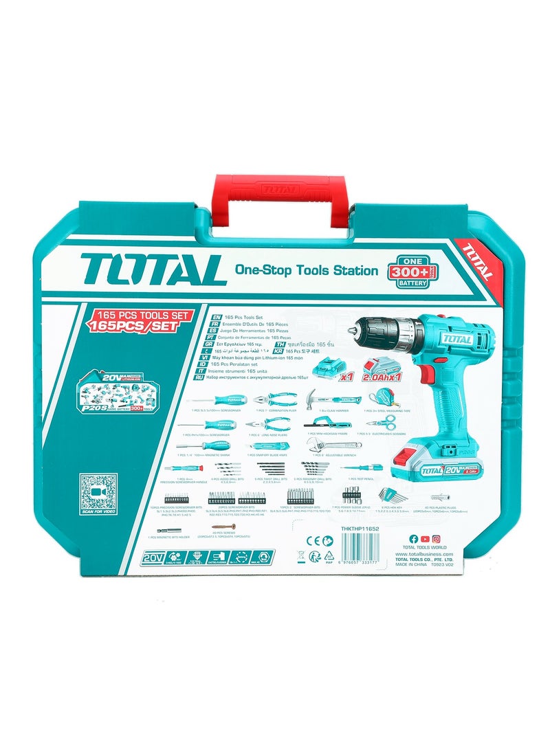 Super Total 165-Piece Tool Set with 20V Cordless Impact Drill, Battery & Charger - Complete Home Repair & DIY Kit with Screwdrivers, Wrenches, Pliers, Drill Bits & More - THKTHP11652