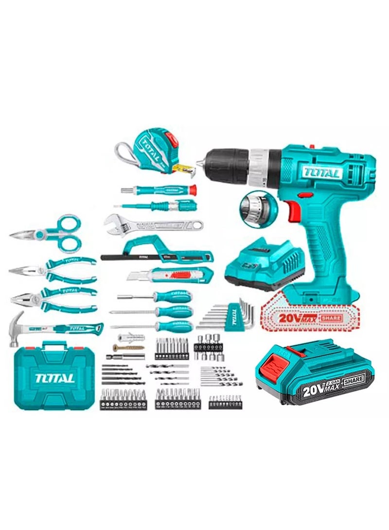 Super Total 165-Piece Tool Set with 20V Cordless Impact Drill, Battery & Charger - Complete Home Repair & DIY Kit with Screwdrivers, Wrenches, Pliers, Drill Bits & More - THKTHP11652
