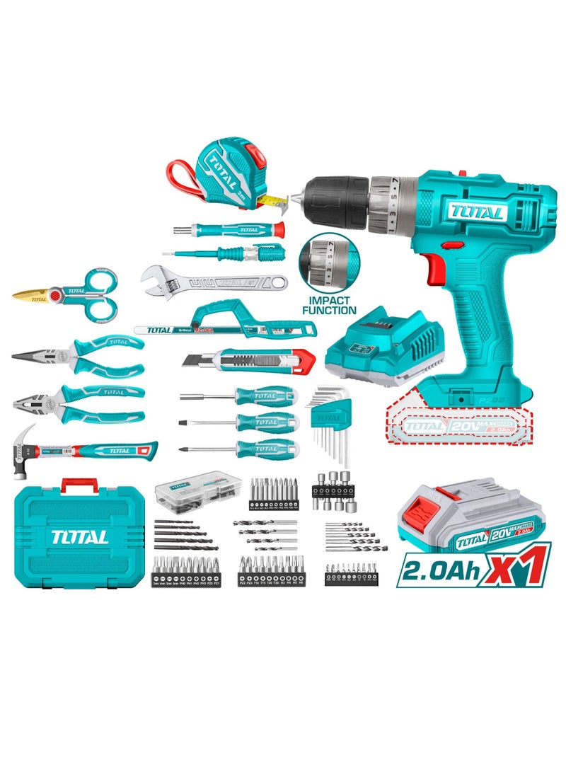 Super Total 165-Piece Tool Set with 20V Cordless Impact Drill, Battery & Charger - Complete Home Repair & DIY Kit with Screwdrivers, Wrenches, Pliers, Drill Bits & More - THKTHP11652