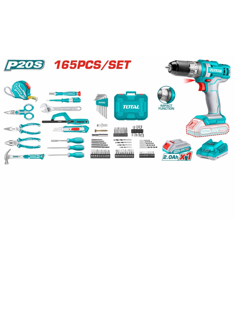 Super Total 165-Piece Tool Set with 20V Cordless Impact Drill, Battery & Charger - Complete Home Repair & DIY Kit with Screwdrivers, Wrenches, Pliers, Drill Bits & More - THKTHP11652