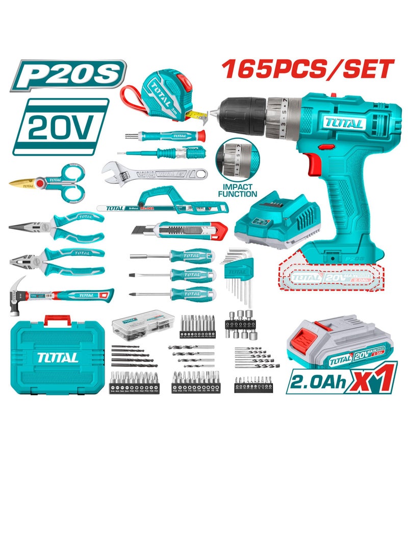 Super Total 165-Piece Tool Set with 20V Cordless Impact Drill, Battery & Charger - Complete Home Repair & DIY Kit with Screwdrivers, Wrenches, Pliers, Drill Bits & More - THKTHP11652