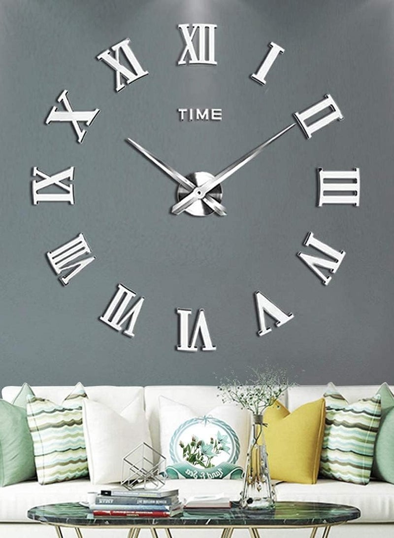 32 Inches Roman Numerals Wall Clock 3D Modern DIY Interior Acrylic Wall Clock 3D Mirror DIY Silver