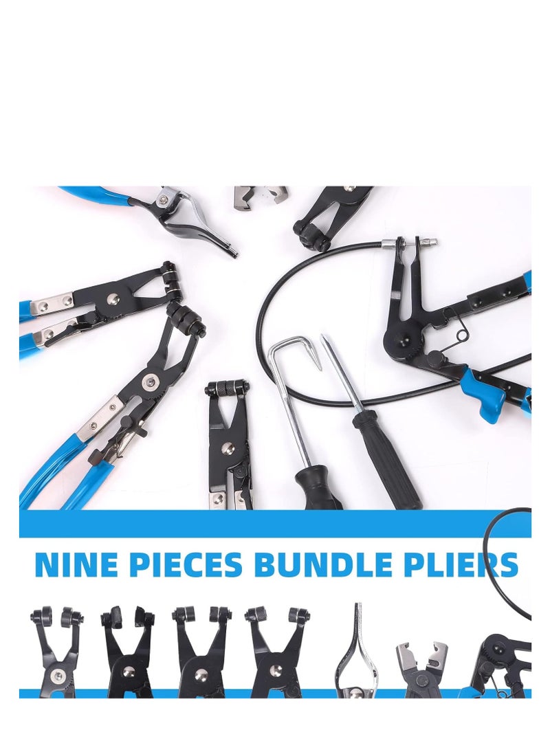 9Pcs Blue Flexible Hose Clamp Pliers Set, Long Reach Spring Wire Clip Plier Hose Clamp Pliers Remover Kit for Removal and Installation, for Replacement of Fuel, Oil, Water Hose Repair